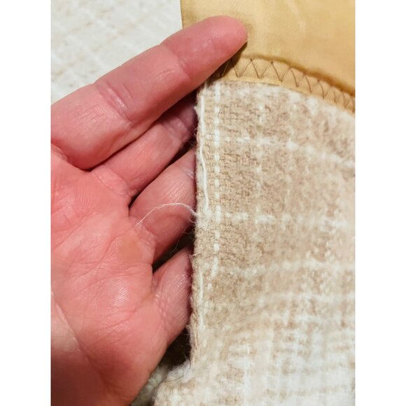 Faribo Wool Satin Vintage Beige Checkered Blanket 88.5" Faribault Fluff Loom - Picture 13 of 16